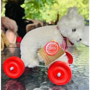 Vintage German Hermann Teddy Bear on Wheels Tags Safety Eyes Nose Blond